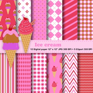Ice cream Digital Paper, Ice cream Clipart, Dessert, Chocolate, Chevron, Pink, Sweet, Cherry, Background, Pattern, Clipart, Commercial Use.
