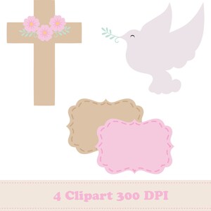 May include: A set of four digital clipart images featuring a brown cross with pink flowers, a white dove with an olive branch, and two blank frames, one brown and one pink. The images are 300 DPI.