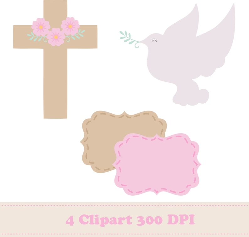 May include: A set of four digital clipart images featuring a brown cross with pink flowers, a white dove with an olive branch, and two blank frames, one brown and one pink. The images are 300 DPI.
