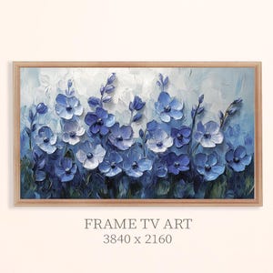Blauer Wildblumenrahmen Tv Art, rustikaler Cottagecore-Sommerblumenölgemälderahmen Tv Art, strukturierter moderner Botanischer Garten-Bildschirmschoner.