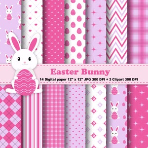 Easter Bunny Digital Paper, Easter Bunny Clipart, Rabbits, Polka Dots, Chevron, Stripes, Pink, Purple, Pattern, Clipart, Commercial Use.