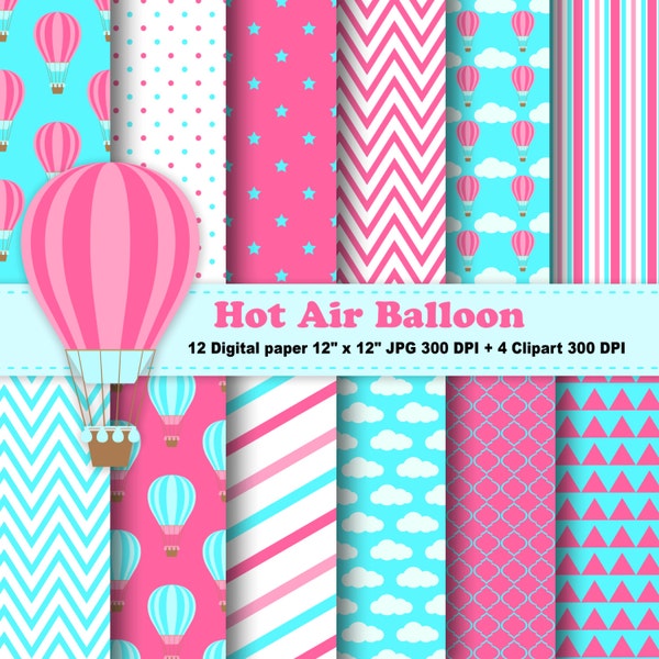 Hot Air Balloons Digital Paper, Hot Air Balloons Clipart, Balloons Pattern , Scrapbook Papers, Chevron, Polka Dots, Blue, Commercial Use.