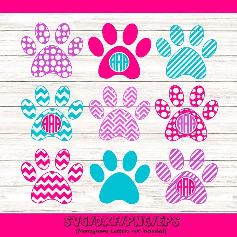 May include: A digital graphic featuring nine paw print designs in various patterns and colors, including polka dots, stripes, and chevrons in shades of pink and turquoise. Several paw prints contain a circular frame with the letters AAA.