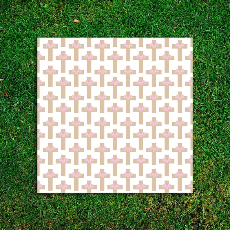 May include: A seamless pattern featuring a repeating design of brown crosses with pink floral wreaths on a white background.