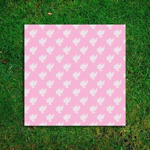 May include: A pink background with a repeating pattern of white doves carrying olive branches. The doves are facing right and are arranged in a grid pattern.