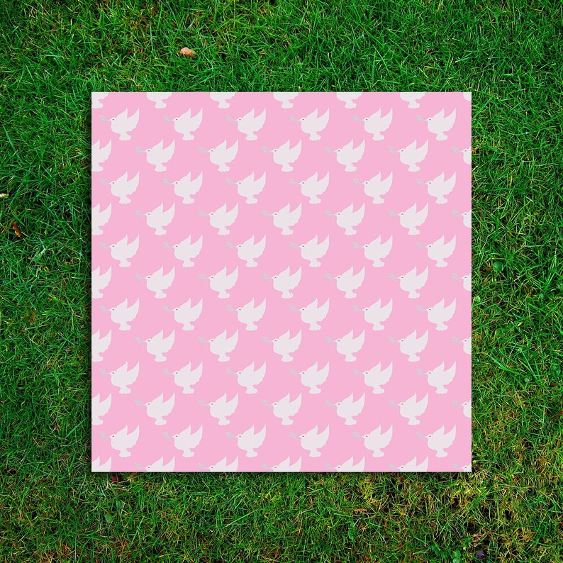 May include: A pink background with a repeating pattern of white doves carrying olive branches. The doves are facing right and are arranged in a grid pattern.