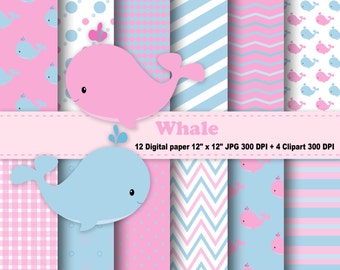 Whale Digital Paper, Whale Clipart, Nautical, Sea Animals, Pink Whales, Pink, Blue, Printable, Background, Pattern, Clipart, Commercial Use.