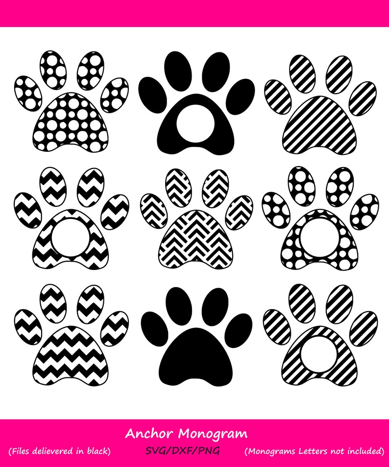 May include: A collection of nine black and white paw print designs arranged in a grid. The paw prints feature various patterns including polka dots, diagonal stripes, and chevron zigzags, with some designs containing circular cutouts for monograms.