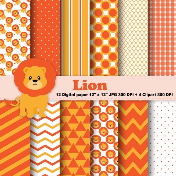 Lion Digital Paper, Lion Clipart, Jungle, Animals, Polka Dots, Chevron, Stripes, Orange, Zoo, Background, Pattern, Clipart, Commercial Use.