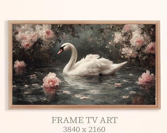 Vintage Swan Lake Frame Tv Art, Cottagecore Victorian Frame Tv Art, Swan And Roses Frame Tv Art, Vintage Floral Bird Painting Screen Saver.