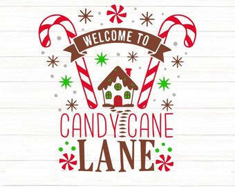 Välkommen till Candy Cane Lane Svg, Julpolkagrissvg, Pepparmyntasäsongsvg, Julbondgårdsskyltsvg, Pepparkakshussvg.