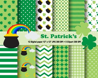 St. Patrick's Digital Paper, St. Patrick's Clipart, Leaves,  Coins, St. Patrick's Day, Polka Dots, Chevron, Stripes, Clipart, Red, Green.