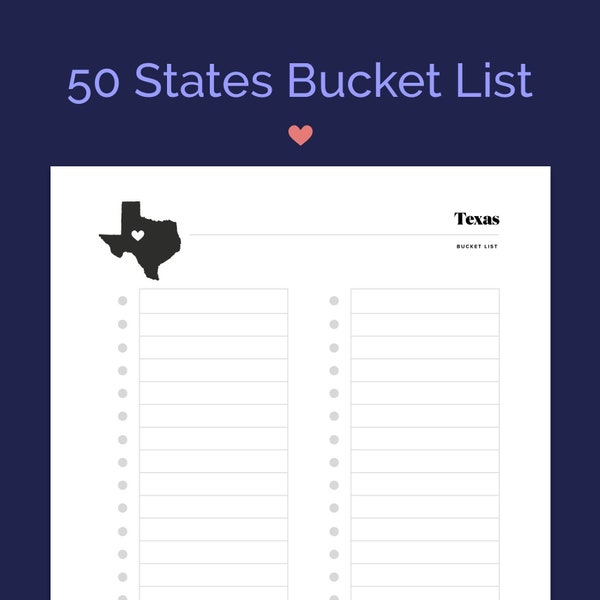50 States Bucket List Printable, Vacation Travel Journal, List By State, weekend getaway, Sight Seeing Road Trip Planner, instant download