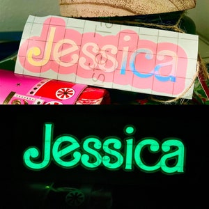 Personalized Glow in the Dark Holo Vinyl Decal Pink Name Birthday Bachelorette Party Favors for Bar Cocktail 90s Girl Stanley Tumbler Water