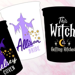 Benutzerdefinierte Partybecher Hexe, die Hitched Junggesellinnenabschiedsfeier erhält Personalisierte Farbwechselschale Benutzerdefinierte Stadion Kunststoff-Halloween-Partybecher