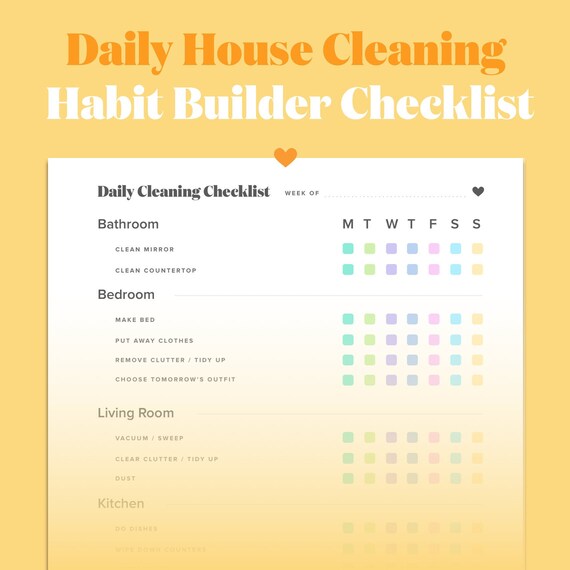 Daily House Cleaning Habit Builder Checklist Printable 2 Pages Suggested Items And Blank Ready To Print And Fill