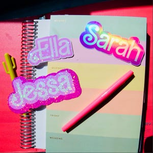 Personalized Hot Pink Name Sticker for Valentines Gift Girly Retro Birthday Bachelorette Barb Party Favors 90s Girl Waterbottle Weatherproof