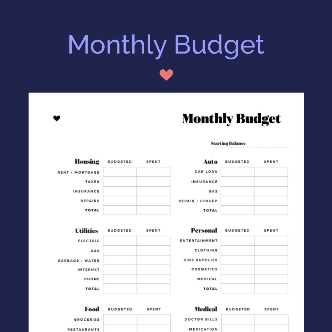 Monthly Budget Blank Editable Printable