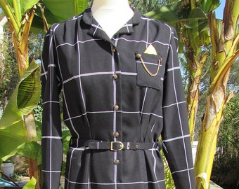 Vintage white striped black dress, belt and yellow handkerchief