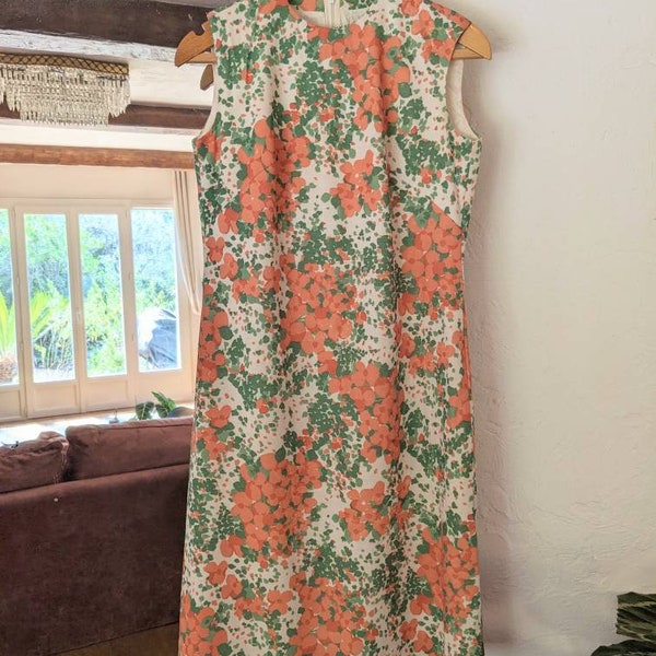 Robe sans manches vintage Jora Modell années 70 motif fleuri oranger vert taille 40 EU