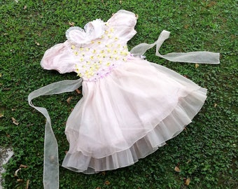 Vintage little girl's (8/ 11 yo) pale pink tutu dress with artificial flowers from the 90's