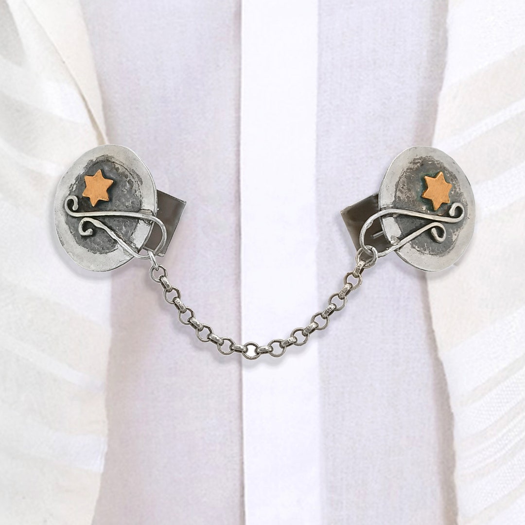 Star of David Tallit Clips 9K Rose Gold & Silver 925, Jewish and