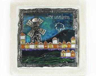 Jerusalem-Yemin Moshe's neighborhood Wall hanging Picture, Handmade Israeli art decor, House Home gift, Judaica, Jewish Contemporary,