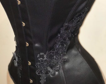 Black Flower Corset, Black Satin Corset, Overbust Corset, Black Embellished Corset