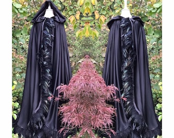 Full length hooded Raven Cloak, Feathered Cloak, Full length Cloak, Alternative bridal Cape/Cloak