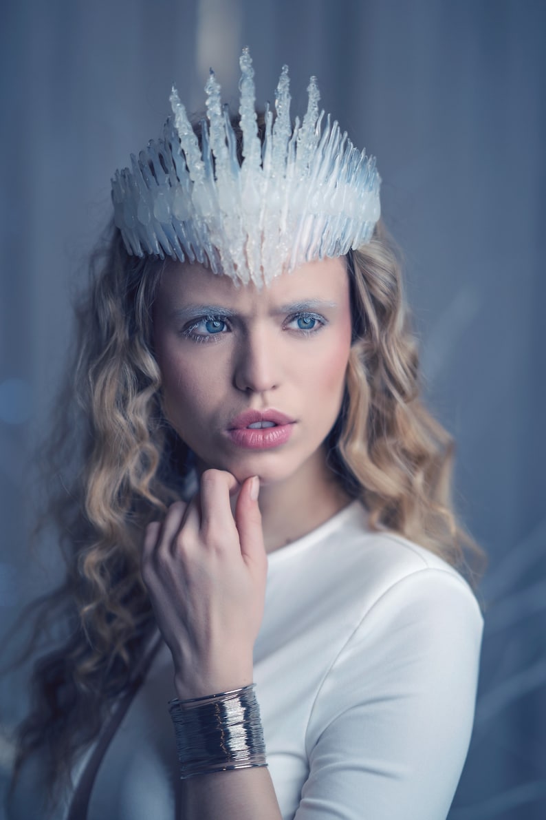 Clear Transparent Jewelled Ice Queen Crown. A sculptured real ice-like icicle crown with ice like ‘jewels’.