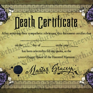 Download digital da certidão de óbito da mansão assombrada 8,5" x 11"