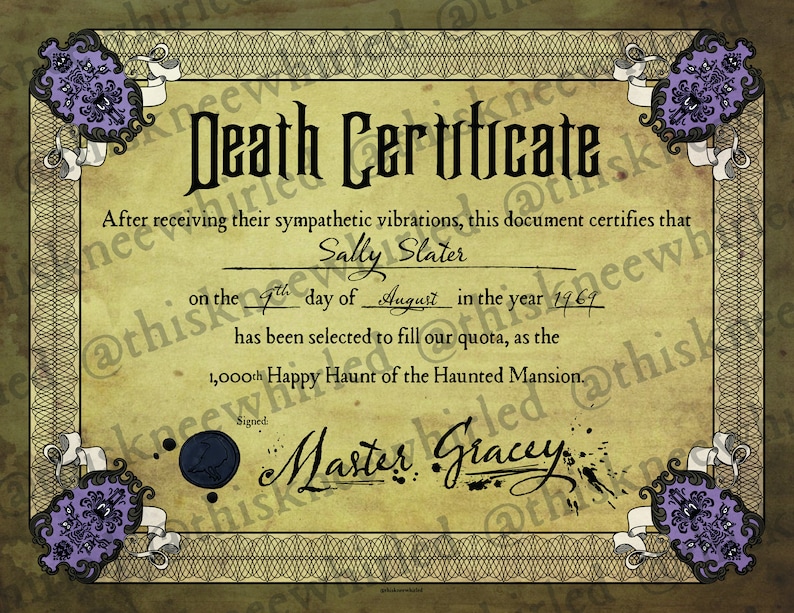 Haunted Mansion Death Certificate Digital Download 8 5 quot X 11 quot Etsy