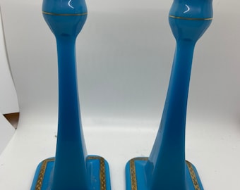 Candelabros, candelabros azules de cristal de leche, candelabro vintage, porta velas