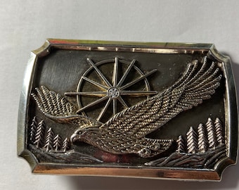 Hebilla de cinturón, hebilla de cinturón de metal de plata, águila con una rueda de carro, hebilla vintage