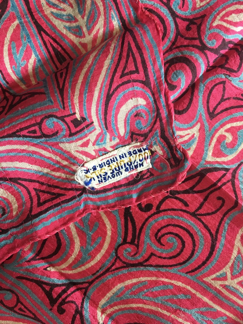 Vintage Indian Pink gold blue and black abstract 60s silk scarf or mens pocket square