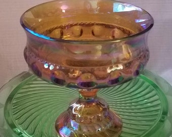 Marigold Carnival Glass Kings Crown Thumbprint Iridescent Amber Footed Candy Dish Compote Indiana glass, Centerpiece, vintage