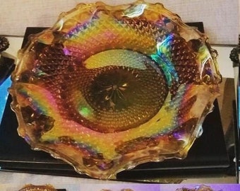 Vintage Indiana Glass Carnival Glass 10" Ruffle Edge Hostess Plate Iridescent Harvest amber/gold or Candy Dish