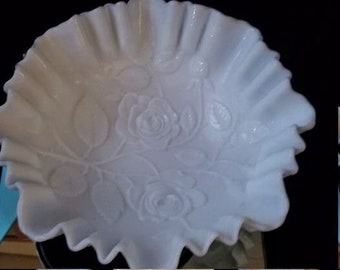 Vintage  Imperial Milk Glass Bowl with embossed stemmed Roses, Leaves, Wavy ruffled edges sides, Imperial mark on bottom: G with Arrow ↔