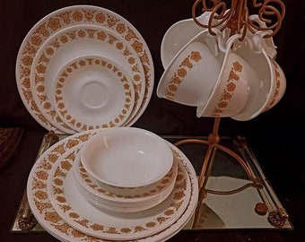 Vintage Butterfly Gold (Corelle) Corning 1970s, Corelle dish set 22 pcs,  4 dinner Plates Dish, 3 medium plates, 8 saucers, 6 cups, 1 bowl