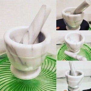 Mortar Pestle White marble, Spanish is a Molcajete, Perfect for Grinding Spices Herbs and Medications the Natural Way, vintage