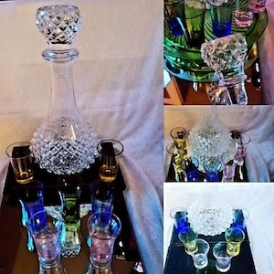 Cristal D&#39;Arques French Diamond Point Decanter and Stopper Raised Diamond Point Cut, 7 crystal different Color Shot glasses, Beautiful