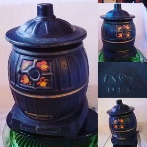 Mid Century McCoy POTBELLY Stove, Lg Pottery COOKIE Jar, Black/Gold Accents, painted flames front of stove, Signed McCoy U S A on Bottom