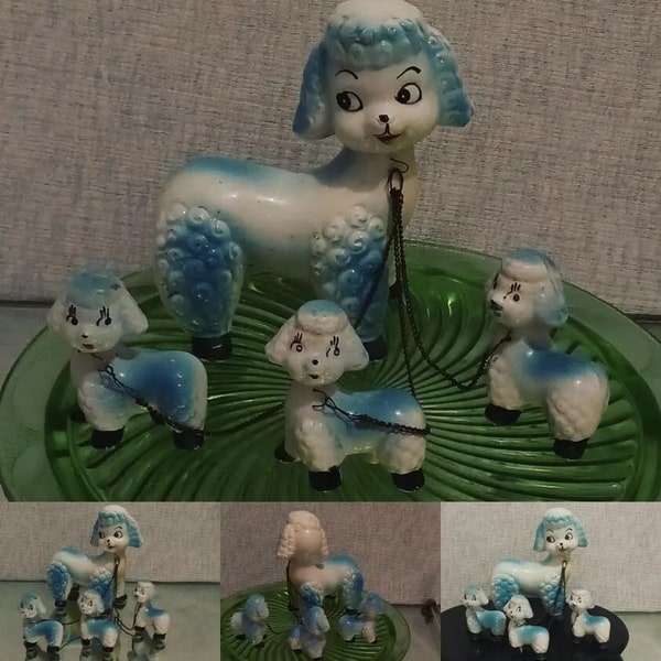 Vintage MCM Anthropomorphic Poodle Family, Mom and 3 babies on Chain, Ceramic Figurine Japan. Very Cute,No Chips,Awesome set