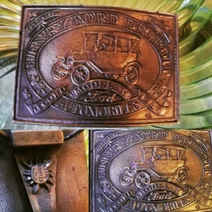 Ford Detroit Automobiles, Brass Belt Buckle,  Made by &quot;LEWIS Buckles of Chicago&quot; Reads: &quot;Record Model T Year&quot;, Model T Picture, vintage