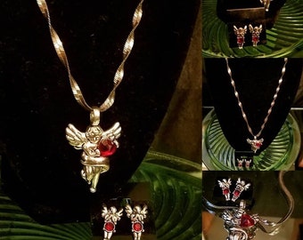 Angel Silver Pendant Heart shaped Garnet/Ruby Twisted Silver Herringbone Chain, Matching Angel Silver Earrings w/ Round gemstones, vintage