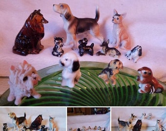 Dog miniatures, plus Squirrel & Panda Bear, Glass Collie, Beagle, Chihuahua; German Shepherd, Poodle, Terrier, 2-Spaniels, Set  11