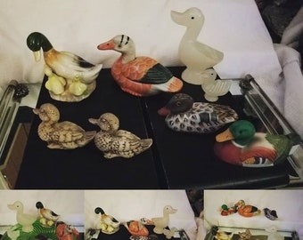 Collection of 8 Ducks, Miniatures,2 Marble, 1 pottery(back wings can be lifted off) , 1 Wood, 1 Resin, 1 Porcelain, 1Ceramic, Set of 8