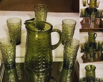 Vintage Pitcher Ice Lip Green Whitehall Pitcher, 5 Lido Milano Anchor Hocking Textured Glass Green Tumblers, Depression Glass Mid Century