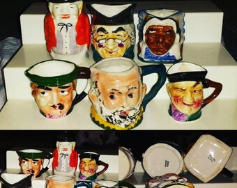 Toby Cups, Set 7 Different Toby Mugs, Hand Painted Vintage Toby