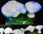 Vintage 2-Fenton MILK GLASS Blue Crest Color Ruffled Edge Bowls,Ribbon on all Sides, Unique, art glass,Trinket Candy dish Ashtray
